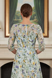 Green Flower A Line Embroidered 3/4 Sleeves Long Mother of the Bride Dress