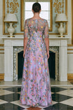 Green Flower A Line Embroidered 3/4 Sleeves Long Mother of the Bride Dress