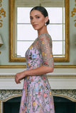 Green Flower A Line Embroidered 3/4 Sleeves Long Mother of the Bride Dress