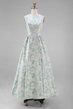 White Blue Flower A Line Round Neck Midi Dress with Pockets