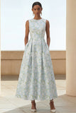 White Blue Flower A Line Round Neck Midi Dress with Pockets