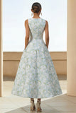 White Blue Flower A Line Round Neck Midi Dress with Pockets