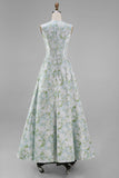 White Blue Flower A Line Round Neck Midi Dress with Pockets