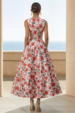 Pink Red Flower Print Round Neck A Line Midi Dress with Pockets