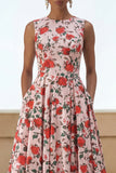 Pink Red Flower Print Round Neck A Line Midi Dress with Pockets