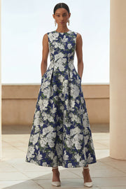 Navy Flower Print A Line Maxi Wedding Guest Dress with Pockets