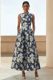 ZAPAKA Women Navy Flower Print Maxi Wedding Guest Dress with Pockets A Line Round Neck Formal Dress