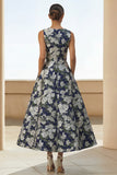 Navy Flower Print A Line Maxi Wedding Guest Dress with Pockets