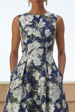 Navy Flower Print A Line Maxi Wedding Guest Dress with Pockets