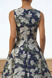 Navy Flower Print A Line Maxi Wedding Guest Dress with Pockets