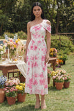 White One Shoulder Fuchsia Flower Printed A Line Midi Dress