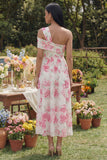 White One Shoulder Fuchsia Flower Printed A Line Midi Dress