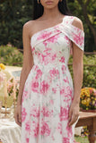 White One Shoulder Fuchsia Flower Printed A Line Midi Dress