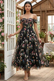 ZAPAKA Women Black Floral Embroidered Tulle Maxi Wedding Guest Dress Corset Appliqued Off the Shoulder A Line Formal Dress