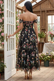 Black Floral Off the Shoulder A Line Corset Embroidered Tulle Maxi Wedding Guest Dress