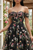 Black Floral Off the Shoulder A Line Corset Embroidered Tulle Maxi Wedding Guest Dress