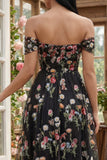 Black Floral Off the Shoulder A Line Corset Embroidered Tulle Maxi Wedding Guest Dress