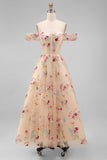 Black Floral Off the Shoulder A Line Corset Embroidered Tulle Maxi Wedding Guest Dress