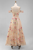 Black Floral Off the Shoulder A Line Corset Embroidered Tulle Maxi Wedding Guest Dress