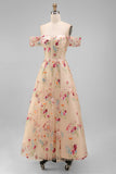 Black Floral Off the Shoulder A Line Corset Embroidered Tulle Maxi Wedding Guest Dress