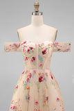 Black Floral Off the Shoulder A Line Corset Embroidered Tulle Maxi Wedding Guest Dress