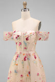 Black Floral Off the Shoulder A Line Corset Embroidered Tulle Maxi Wedding Guest Dress