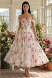 Black Floral Off the Shoulder A Line Corset Embroidered Tulle Maxi Wedding Guest Dress
