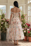 Black Floral Off the Shoulder A Line Corset Embroidered Tulle Maxi Wedding Guest Dress