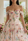 Black Floral Off the Shoulder A Line Corset Embroidered Tulle Maxi Wedding Guest Dress