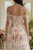 Black Floral Off the Shoulder A Line Corset Embroidered Tulle Maxi Wedding Guest Dress