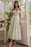 Light Green Corset Off the Shoulder Appliqued A Line Tulle Midi Dress