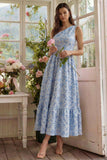 Blue Flower Jacquard One Shoulder A Line Midi Dress with Ruffles