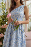 Blue Flower Jacquard One Shoulder A Line Midi Dress with Ruffles