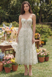 Light Green Appliqued Corset Spaghetti Straps A Line Midi Dress