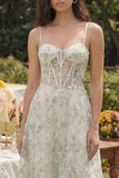 Light Green Appliqued Corset Spaghetti Straps A Line Midi Dress