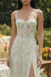 Light Green Appliqued Corset Tulle A Line Midi Dress with Slit