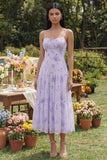 Lilac Printed Spaghetti Straps A Line Midi Dress with Ruffles