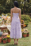 Lilac Printed Spaghetti Straps A Line Midi Dress with Ruffles