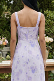 Lilac Printed Square Neck A Line Midi Dress with Slit