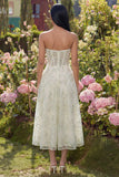 Light Green Appliqued Corset Strapless Tulle A Line Midi Dress