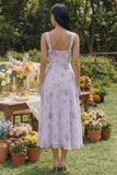 Lilac Printed Square Neck A Line Chiffon Midi Dress