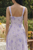 Lilac Printed Square Neck A Line Chiffon Midi Dress