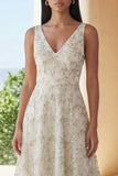 Light Green Appliqued V Neck A Line Midi Dress
