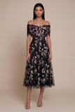 Black Off the Shoulder Appliqued A Line Tulle Midi Dress