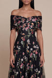 Black Off the Shoulder Appliqued A Line Tulle Midi Dress