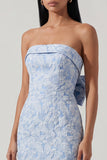 Bowknot Blue Strapless Jacquard Sheath Midi Dress with Slit