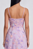 Lilac Flower Appliqued Spaghetti Straps A Line Midi Dress with Slit
