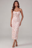 Pink Flower Appliqued Corset Strapless Sheath Midi Dress