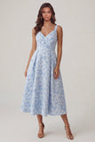Blue Jacquard V Neck Ruched A Line Midi Dress