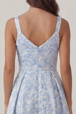Blue Jacquard V Neck Ruched A Line Midi Dress